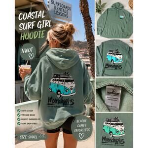 NWOT Moondoggies Surf Shop Hoodie Sage Green VW Bus Pullover Small